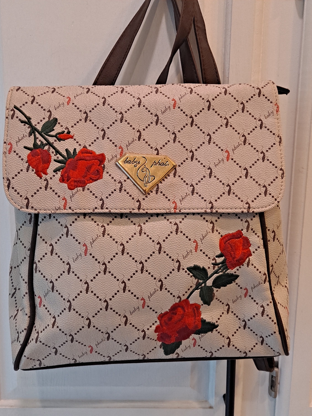 Baby Phat Cream Beige Vegan Leather Backpack Red Rose Embroidery Y2K Streetwear